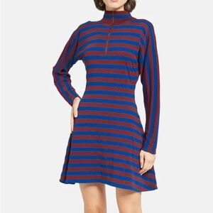 KENZO Striped Long-Sleeve A-Line Dress in Blue and Burgundy size M